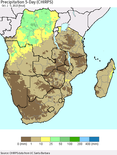 Southern Africa Precipitation 5-Day (CHIRPS) Thematic Map For 10/1/2023 - 10/5/2023