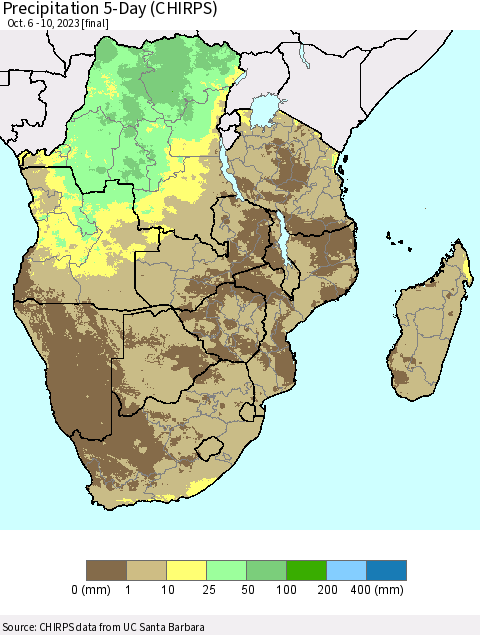 Southern Africa Precipitation 5-Day (CHIRPS) Thematic Map For 10/6/2023 - 10/10/2023