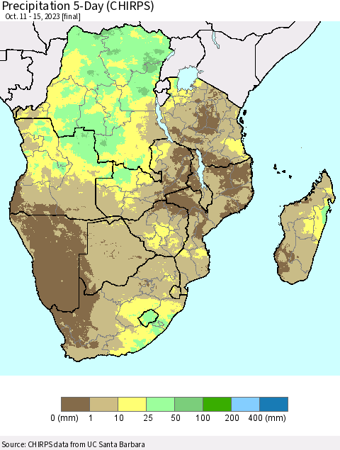 Southern Africa Precipitation 5-Day (CHIRPS) Thematic Map For 10/11/2023 - 10/15/2023