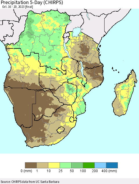 Southern Africa Precipitation 5-Day (CHIRPS) Thematic Map For 10/16/2023 - 10/20/2023