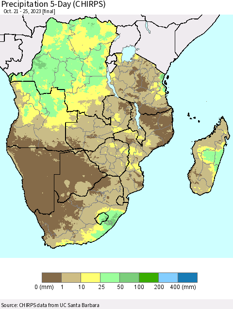 Southern Africa Precipitation 5-Day (CHIRPS) Thematic Map For 10/21/2023 - 10/25/2023