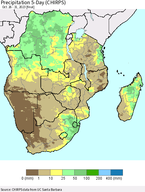 Southern Africa Precipitation 5-Day (CHIRPS) Thematic Map For 10/26/2023 - 10/31/2023