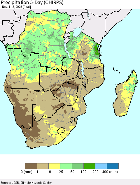Southern Africa Precipitation 5-Day (CHIRPS) Thematic Map For 11/1/2023 - 11/5/2023
