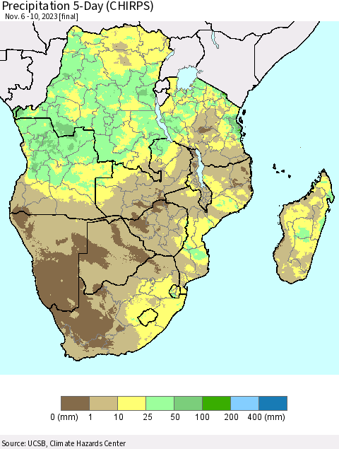 Southern Africa Precipitation 5-Day (CHIRPS) Thematic Map For 11/6/2023 - 11/10/2023