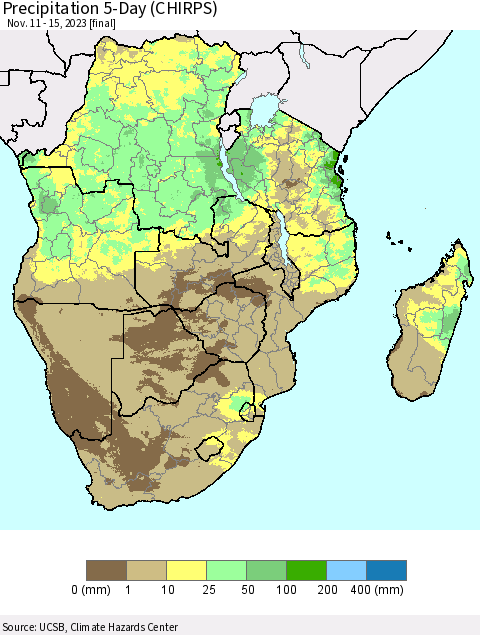 Southern Africa Precipitation 5-Day (CHIRPS) Thematic Map For 11/11/2023 - 11/15/2023