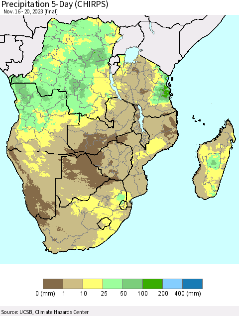 Southern Africa Precipitation 5-Day (CHIRPS) Thematic Map For 11/16/2023 - 11/20/2023