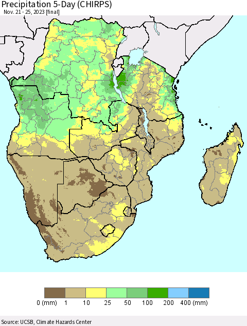 Southern Africa Precipitation 5-Day (CHIRPS) Thematic Map For 11/21/2023 - 11/25/2023