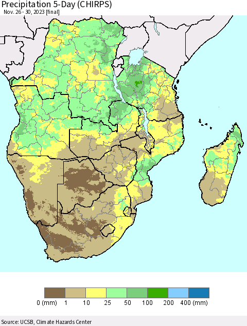 Southern Africa Precipitation 5-Day (CHIRPS) Thematic Map For 11/26/2023 - 11/30/2023
