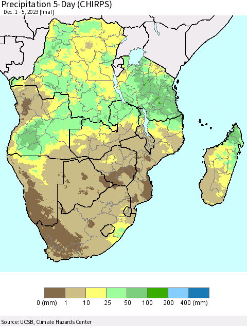 Southern Africa Precipitation 5-Day (CHIRPS) Thematic Map For 12/1/2023 - 12/5/2023