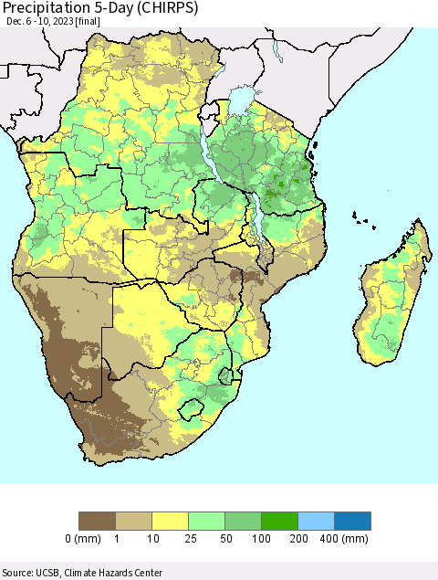 Southern Africa Precipitation 5-Day (CHIRPS) Thematic Map For 12/6/2023 - 12/10/2023