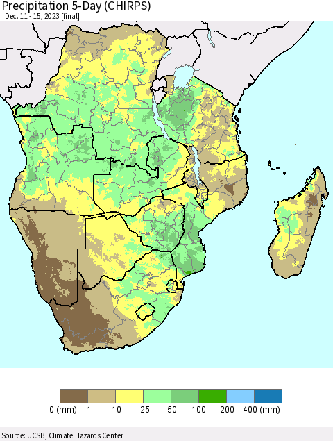 Southern Africa Precipitation 5-Day (CHIRPS) Thematic Map For 12/11/2023 - 12/15/2023