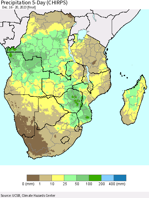 Southern Africa Precipitation 5-Day (CHIRPS) Thematic Map For 12/16/2023 - 12/20/2023