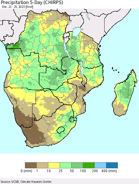 Southern Africa Precipitation 5-Day (CHIRPS) Thematic Map For 12/21/2023 - 12/25/2023