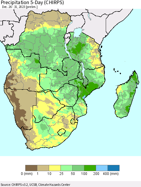 Southern Africa Precipitation 5-Day (CHIRPS) Thematic Map For 12/26/2023 - 12/31/2023