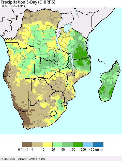 Southern Africa Precipitation 5-Day (CHIRPS) Thematic Map For 1/1/2024 - 1/5/2024