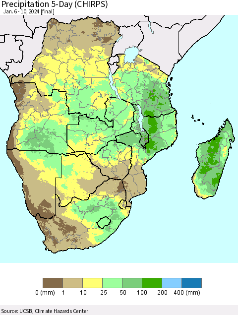 Southern Africa Precipitation 5-Day (CHIRPS) Thematic Map For 1/6/2024 - 1/10/2024