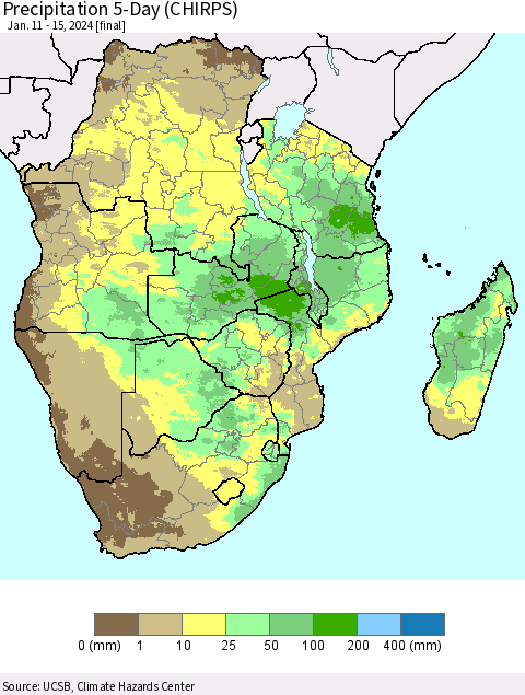 Southern Africa Precipitation 5-Day (CHIRPS) Thematic Map For 1/11/2024 - 1/15/2024