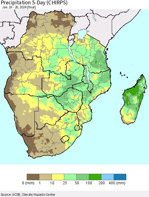 Southern Africa Precipitation 5-Day (CHIRPS) Thematic Map For 1/16/2024 - 1/20/2024