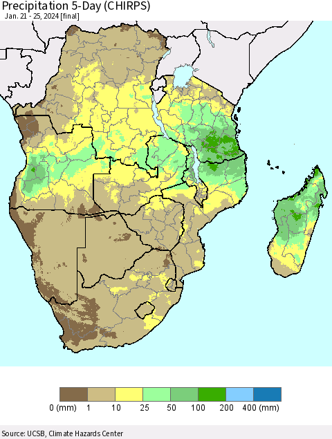 Southern Africa Precipitation 5-Day (CHIRPS) Thematic Map For 1/21/2024 - 1/25/2024