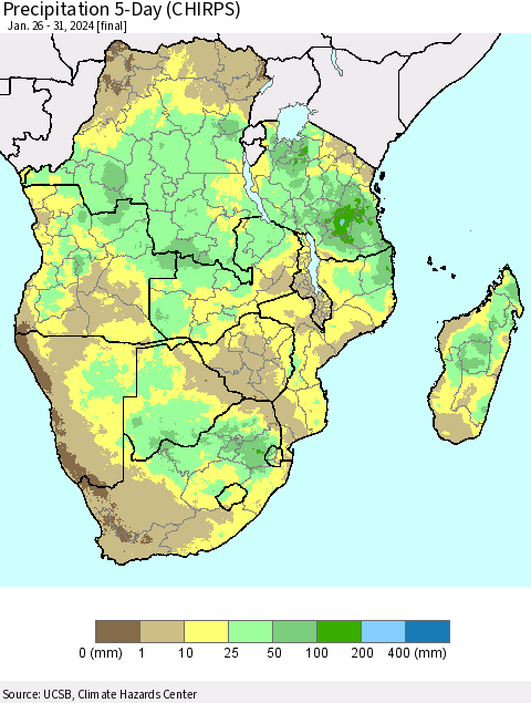 Southern Africa Precipitation 5-Day (CHIRPS) Thematic Map For 1/26/2024 - 1/31/2024