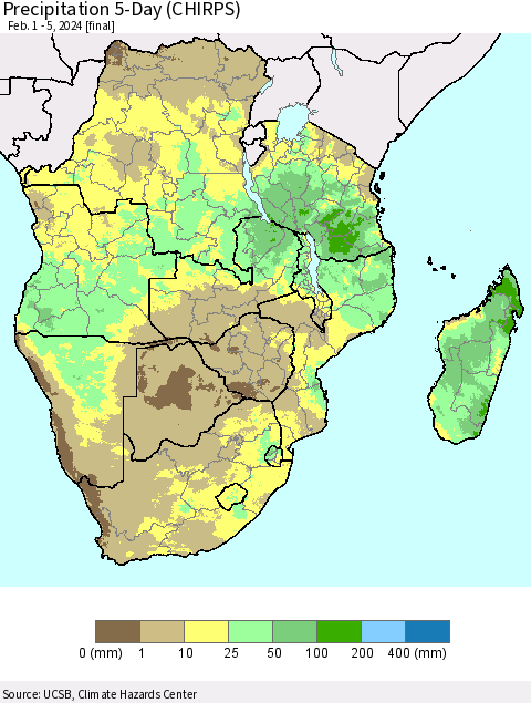 Southern Africa Precipitation 5-Day (CHIRPS) Thematic Map For 2/1/2024 - 2/5/2024