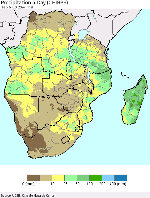 Southern Africa Precipitation 5-Day (CHIRPS) Thematic Map For 2/6/2024 - 2/10/2024