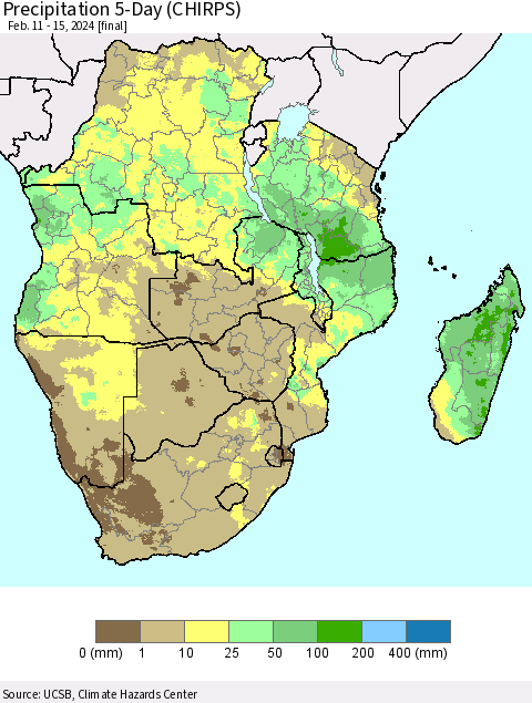 Southern Africa Precipitation 5-Day (CHIRPS) Thematic Map For 2/11/2024 - 2/15/2024