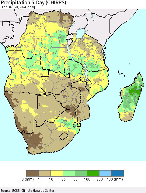 Southern Africa Precipitation 5-Day (CHIRPS) Thematic Map For 2/16/2024 - 2/20/2024
