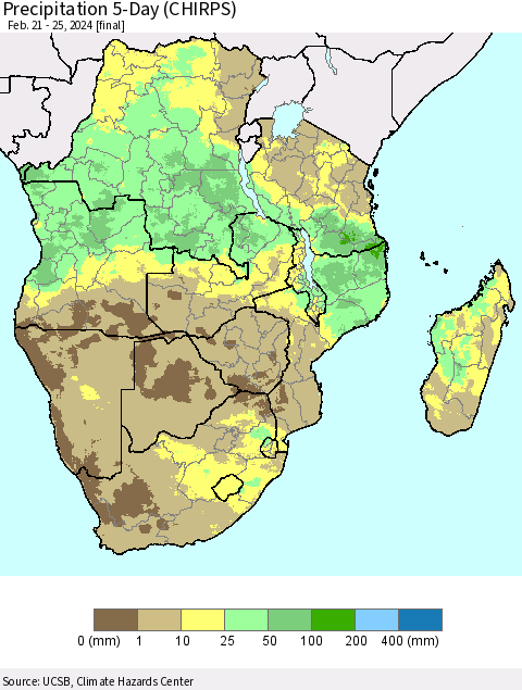 Southern Africa Precipitation 5-Day (CHIRPS) Thematic Map For 2/21/2024 - 2/25/2024