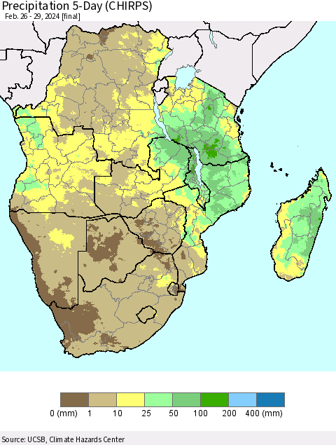 Southern Africa Precipitation 5-Day (CHIRPS) Thematic Map For 2/26/2024 - 2/29/2024