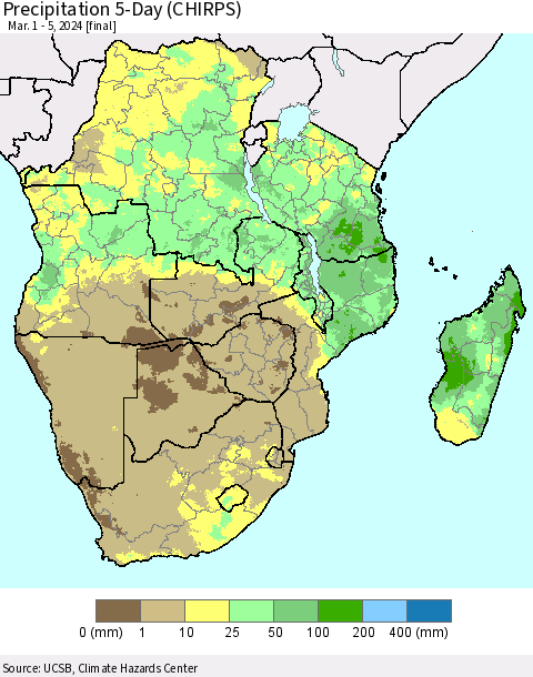 Southern Africa Precipitation 5-Day (CHIRPS) Thematic Map For 3/1/2024 - 3/5/2024