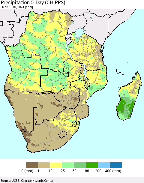 Southern Africa Precipitation 5-Day (CHIRPS) Thematic Map For 3/6/2024 - 3/10/2024