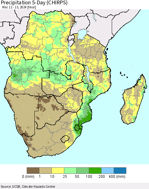 Southern Africa Precipitation 5-Day (CHIRPS) Thematic Map For 3/11/2024 - 3/15/2024