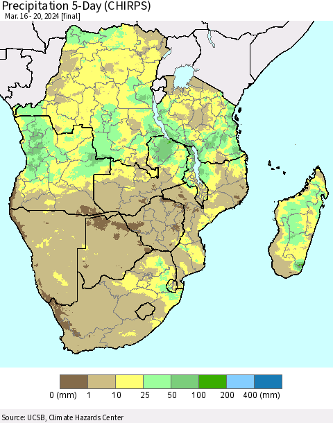 Southern Africa Precipitation 5-Day (CHIRPS) Thematic Map For 3/16/2024 - 3/20/2024