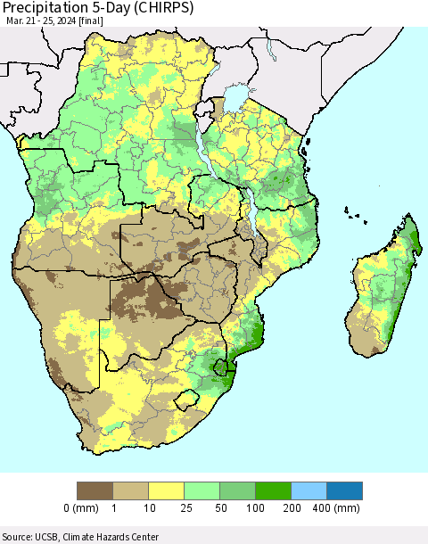 Southern Africa Precipitation 5-Day (CHIRPS) Thematic Map For 3/21/2024 - 3/25/2024