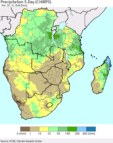Southern Africa Precipitation 5-Day (CHIRPS) Thematic Map For 3/26/2024 - 3/31/2024