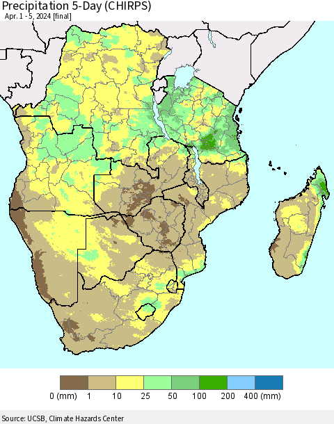 Southern Africa Precipitation 5-Day (CHIRPS) Thematic Map For 4/1/2024 - 4/5/2024