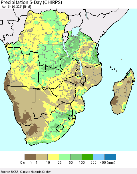Southern Africa Precipitation 5-Day (CHIRPS) Thematic Map For 4/6/2024 - 4/10/2024