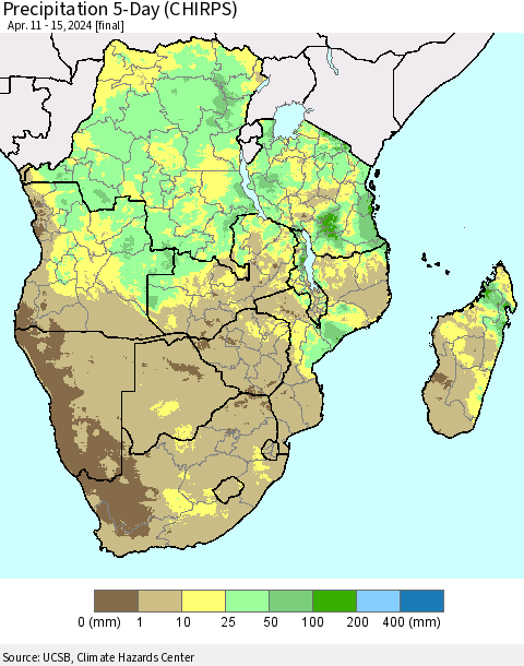 Southern Africa Precipitation 5-Day (CHIRPS) Thematic Map For 4/11/2024 - 4/15/2024