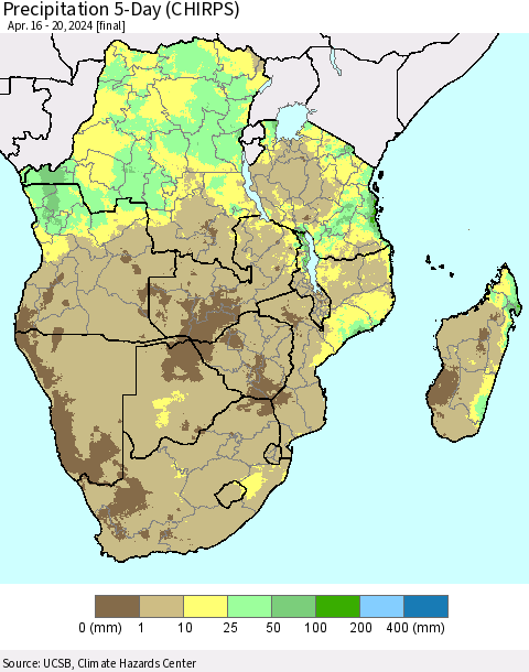 Southern Africa Precipitation 5-Day (CHIRPS) Thematic Map For 4/16/2024 - 4/20/2024