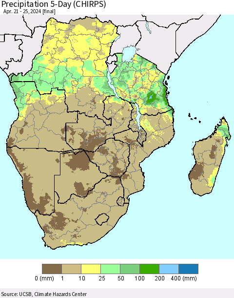 Southern Africa Precipitation 5-Day (CHIRPS) Thematic Map For 4/21/2024 - 4/25/2024