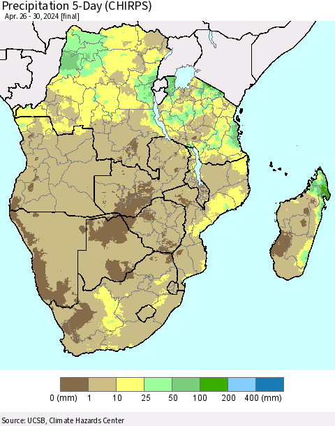 Southern Africa Precipitation 5-Day (CHIRPS) Thematic Map For 4/26/2024 - 4/30/2024