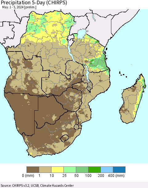 Southern Africa Precipitation 5-Day (CHIRPS) Thematic Map For 5/1/2024 - 5/5/2024