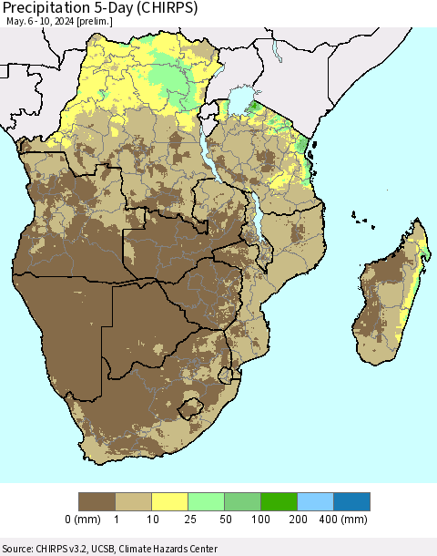 Southern Africa Precipitation 5-Day (CHIRPS) Thematic Map For 5/6/2024 - 5/10/2024