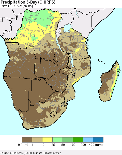 Southern Africa Precipitation 5-Day (CHIRPS) Thematic Map For 5/11/2024 - 5/15/2024