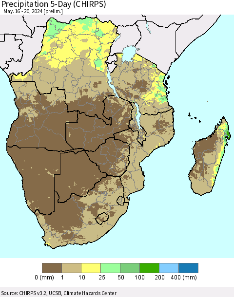 Southern Africa Precipitation 5-Day (CHIRPS) Thematic Map For 5/16/2024 - 5/20/2024