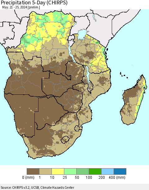 Southern Africa Precipitation 5-Day (CHIRPS) Thematic Map For 5/21/2024 - 5/25/2024