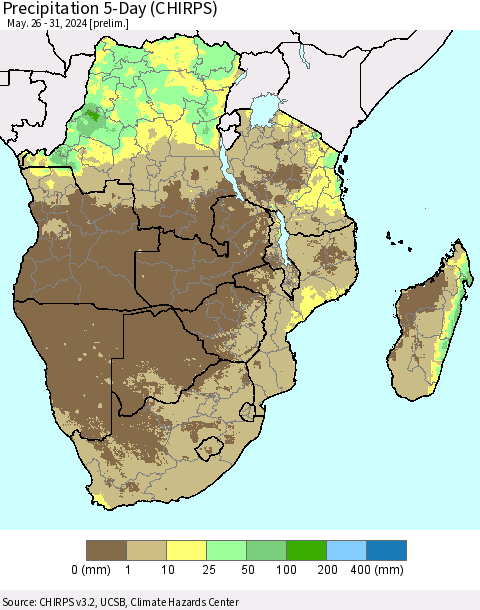 Southern Africa Precipitation 5-Day (CHIRPS) Thematic Map For 5/26/2024 - 5/31/2024
