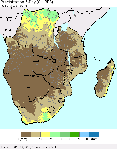 Southern Africa Precipitation 5-Day (CHIRPS) Thematic Map For 6/1/2024 - 6/5/2024