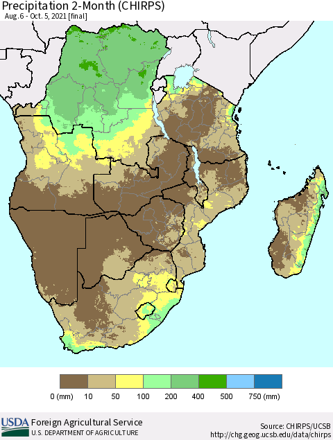 Southern Africa Precipitation 2-Month (CHIRPS) Thematic Map For 8/6/2021 - 10/5/2021